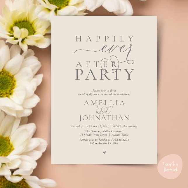 Invitation Fête de Mariage "Heureux à Tout Jamais" Dîner de M (Happily Ever After Party Wedding Elopement Dinner Invitation Card in Cream Grey)