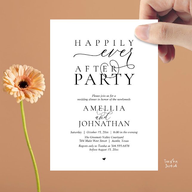 Invitation Fête de Mariage "Heureux à Tout Jamais" Dîner de M (Happily Ever After Party Wedding Elopement Dinner Invitation Card in Black and white)