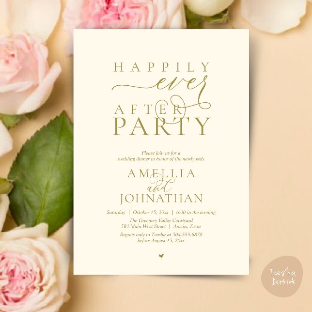 Invitation Fête de Mariage "Heureux à Tout Jamais" Dîner de M (Happily Ever After Party Wedding Elopement Dinner Invitation Card in Yellow Cream Gold)