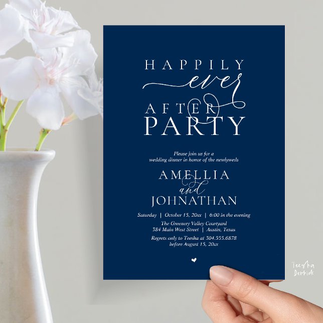 Invitation Fête de Mariage "Heureux à Tout Jamais" Dîner de M (Happily Ever After Party Wedding Elopement Dinner Invitation Card in Navy Blue)