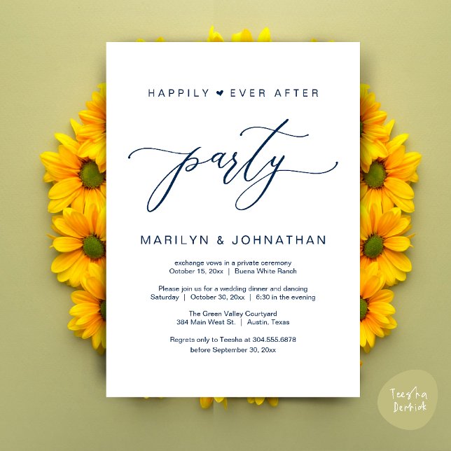 Invitation Fête de Mariage "Heureux à Tout Jamais" Dîner de M (Happily Ever After Party Wedding Elopement Romantic Dinner Brunch Invitation Card PDF Navy Blue)