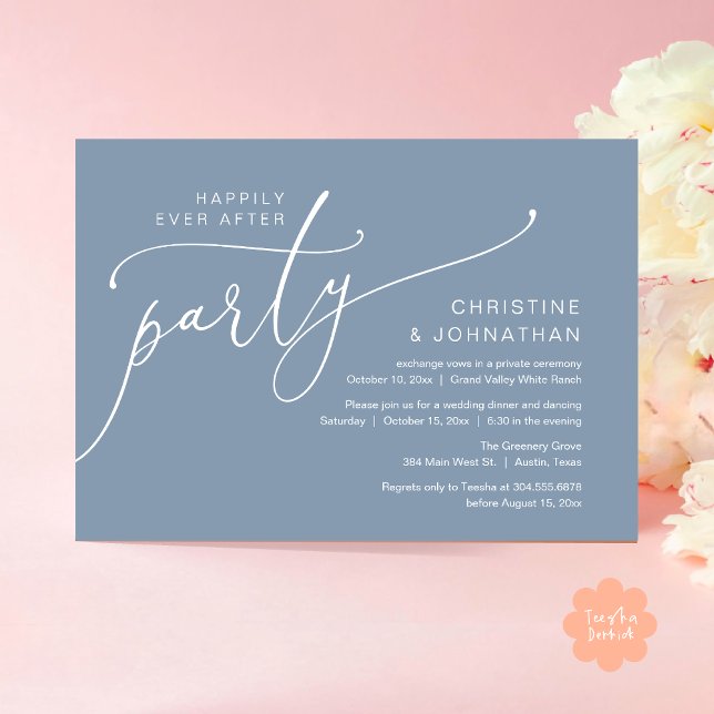 Invitation Fête de Mariage Heureux à Tout Jamais, Dîner de Ma (Happily Ever After Party, Romantic Modern Elopement Dinner Dancing Invites Card PDF Dusty Blue)