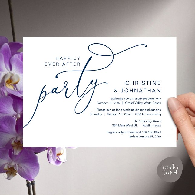 Invitation Fête de Mariage Heureux, Dîner Romantique Dansant (Happily Ever After Party, Romantic Modern Elopement Dinner Dancing Invites Card PDF Navy Blue)