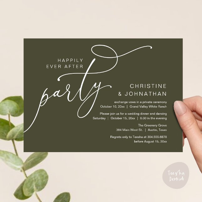 Invitation Fête de Mariage Heureux, Dîner Romantique Dansant (Happily Ever After Party, Romantic Modern Elopement Dinner Dancing Invites Card PDF Olive Green)