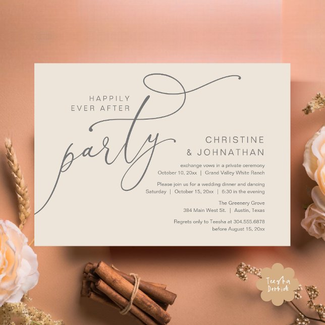 Invitation Fête de Mariage Heureux, Dîner Romantique Dansant (Happily Ever After Party, Romantic Modern Elopement Dinner Dancing Invites Card PDF Cream Grey)