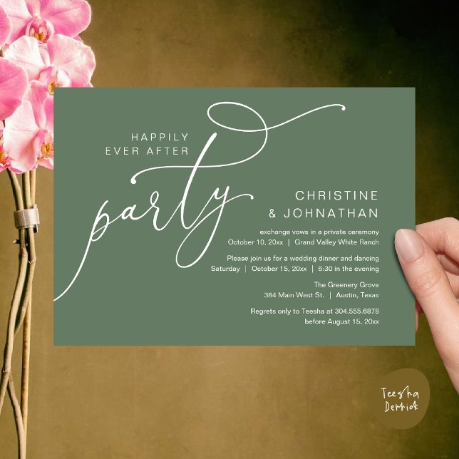 Invitation Fête de Mariage Heureux, Dîner Romantique Dansant (Happily Ever After Party, Romantic Modern Elopement Dinner Dancing Invites Card PDF Sage Green)