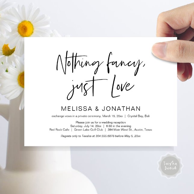 Invitation Fête de mariage heureux, Noir, Évasion amoureuse (Nothing Fancy Just Love, Wedding Elopement Dinner Party Invitation Card, PDF, Modern, Black White)