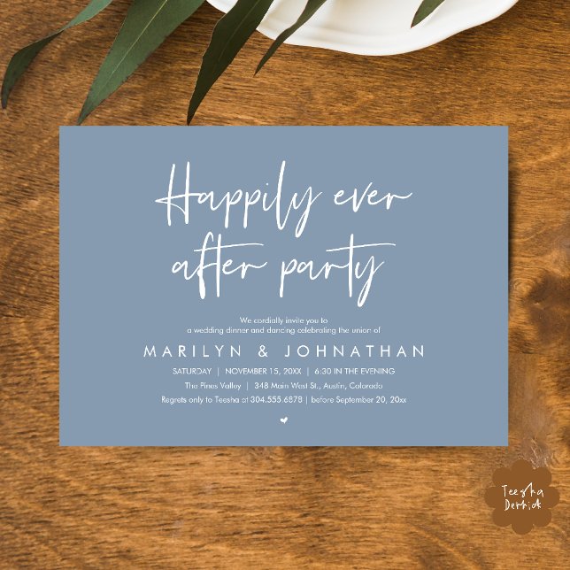 Invitation Fête de Mariage « Heureux pour Toujours », Dîner d (Happily Ever After Party, Wedding Dinner Dancing Invitation Card in Dusty Blue)