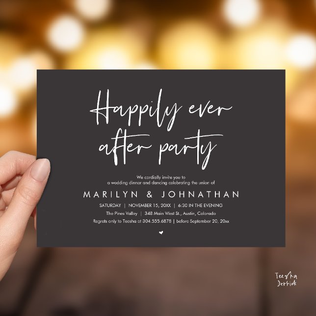 Invitation Fête de Mariage « Heureux pour Toujours », Dîner d (Happily Ever After Party, Wedding Dinner Dancing Invitation Card in Charcoal Grey)