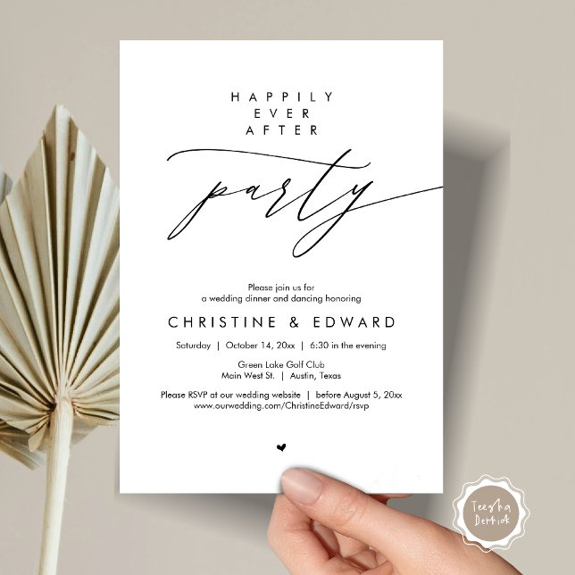 Invitation Fête de Mariage "Heureux Pour Toujours", Dîner de  (Happily Ever After Party, Modern Minimalist Wedding Dinner Invitation Card, PDF, Black and White)