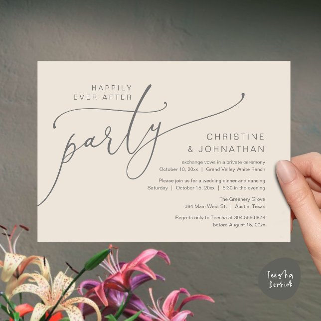 Invitation Fête de Mariage Heureux pour Toujours, Dîner de Ma (Happily Ever After Party, Romantic Modern Elopement Dinner Dancing Invites Card PDF Cream Grey)
