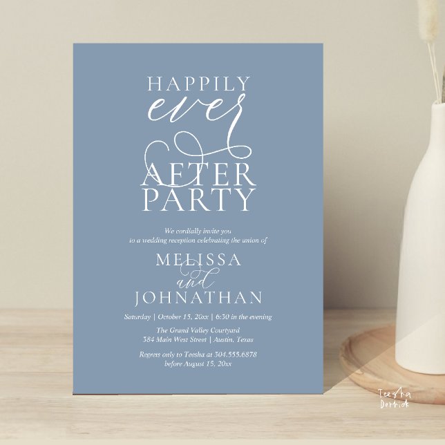 Invitation Fête de Mariage Heureux Pour Toujours, Réception d (Happily Ever After Party, Classy Wedding Reception Modern Dinner Invitation Card PDF Dusty Blue)
