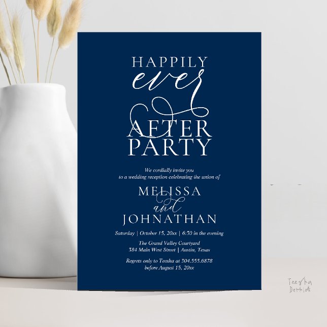 Invitation Fête de Mariage Heureux Pour Toujours, Réception d (Happily Ever After Party, Classy Wedding Reception Modern Dinner Invitation Card PDF Navy Blue)