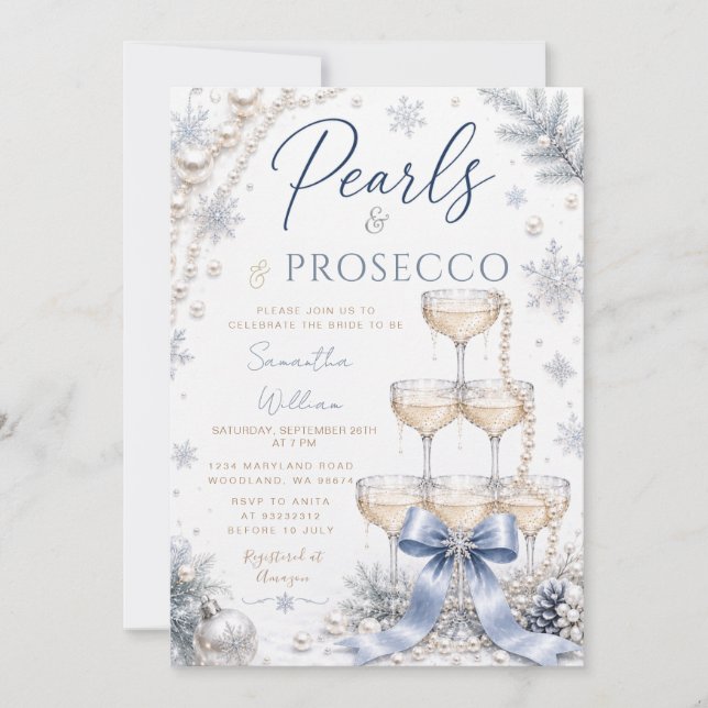 Invitation Fête de mariage hivernale perles & prosecco (Devant)