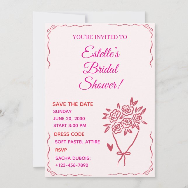 Invitation Fête de mariage illustrée rose et blanc (Devant)