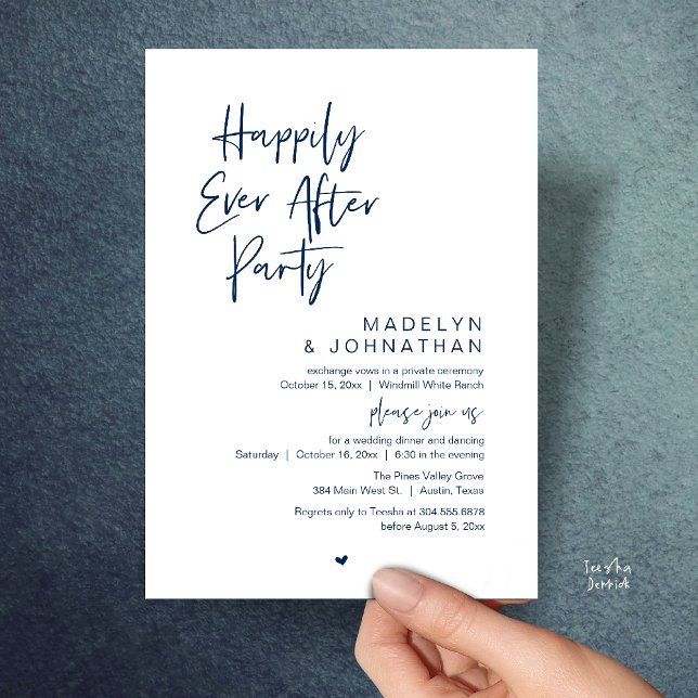 Invitation Fête de Mariage "Ils vécurent heureux", Réception  (Happily Ever After Party, Modern Wedding Reception Dinner Invitation card in navy blue)