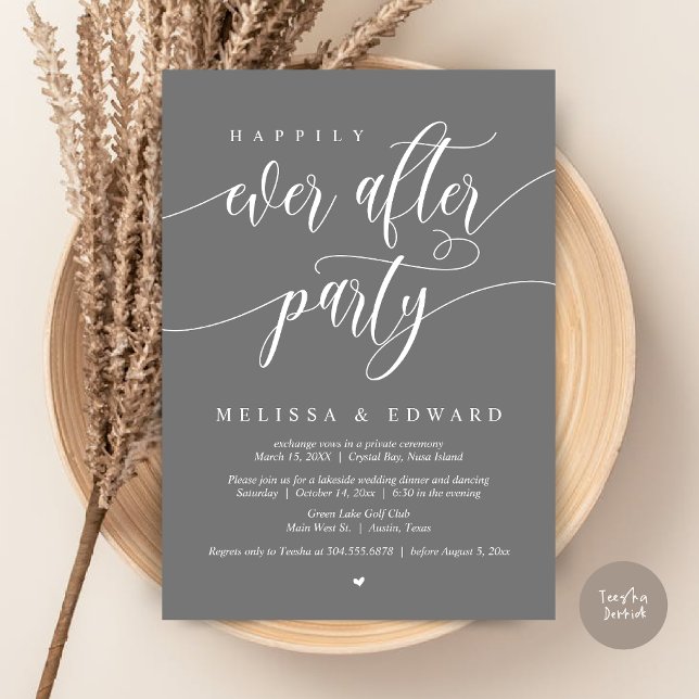 Invitation Fête de Mariage Intime Happily Ever After, Gris Fo (Happily Ever After Elopement Party Invitation Card, PDF, Modern Wedding Dinner, in Dark Grey  )