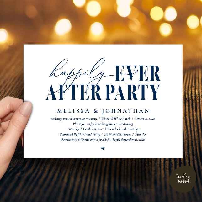 Invitation Fête de Mariage 'Joyeux Pour Toujours', Réception  (Happily Ever After Party, Modern Wedding Reception Dinner Dancing Invitation Card in Navy Blue)