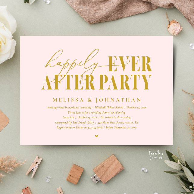 Invitation Fête de Mariage 'Joyeux Pour Toujours', Réception  (Happily Ever After Party, Modern Wedding Reception Dinner Dancing Invitation Card in Blush Gold)