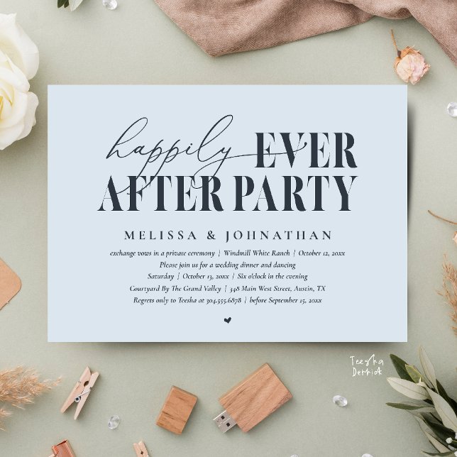 Invitation Fête de Mariage 'Jusqu'à la fin des temps', Récept (Happily Ever After Party, Modern Wedding Reception Dinner Dancing Invitation Card in Misty Blue)