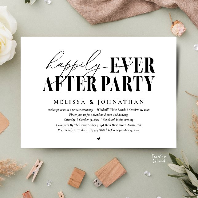 Invitation Fête de Mariage 'Jusqu'à la fin des temps', Récept (Happily Ever After Party, Modern Wedding Reception Dinner Dancing Invitation Card in Black and White)