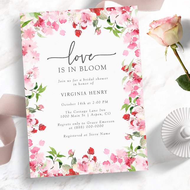 Invitation Fête de Mariage : L'amour en Fleur (Love Is In Bloom Bridal Shower Invitation - Red and Pink Watercolor Floral)