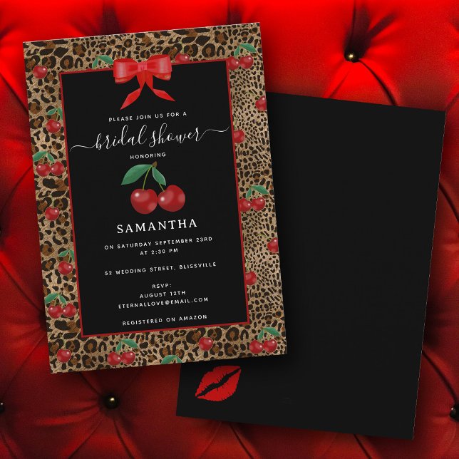 Invitation Fête de mariage léopard guépard imprimé animal cer (Leopard Cheetah Animal Print Cherry Bridal Shower Invitation)