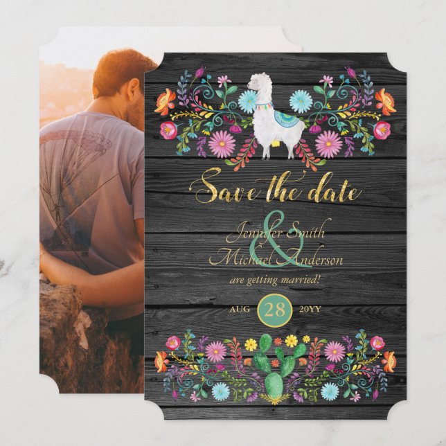 Invitation Fête de mariage Llama Save The Date Folk Fleurs (Devant / Derrière)