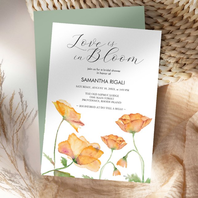 Invitation Fête de mariage Love Is In Bloom Fleurs oranges (Love is in bloom bridal shower watercolor orange poppy flowers by Victoria Grigaliunas DoTellABelle)