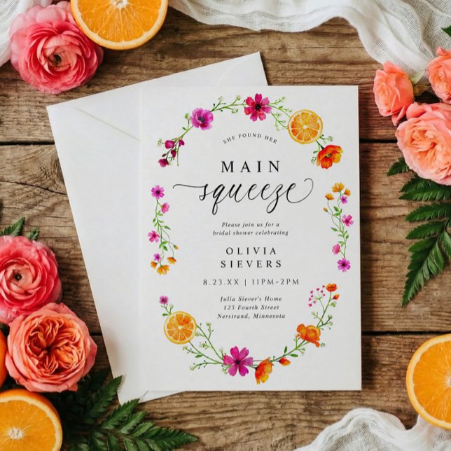 Invitation Fête de mariage Main Squeeze orange rose citron (Main Squeeze bridal shower invitation with watercolor citrus wreath in pink and orange)