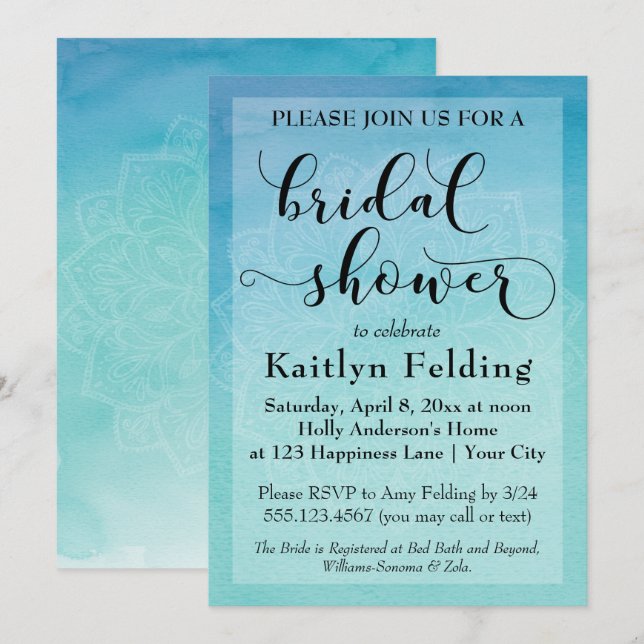 Invitation Fête de mariage Mandala aquarelle bleue et sarcell (Devant / Derrière)