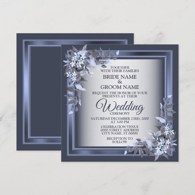 Invitation Fête de mariage Marine Bleu Floral Frame Argent Mo (Devant / Derrière)