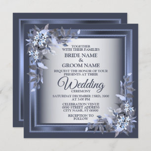 Invitation Fête de mariage Marine Bleu Floral Frame Argent Mo