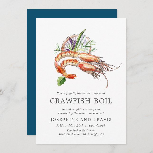 Invitation Fête de mariage Minimal Crawfish Boil Couple Ocean (Devant / Derrière)