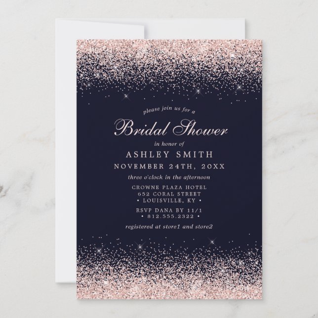 Invitation Fête de mariage moderne bleu marine confettis rose (Devant)