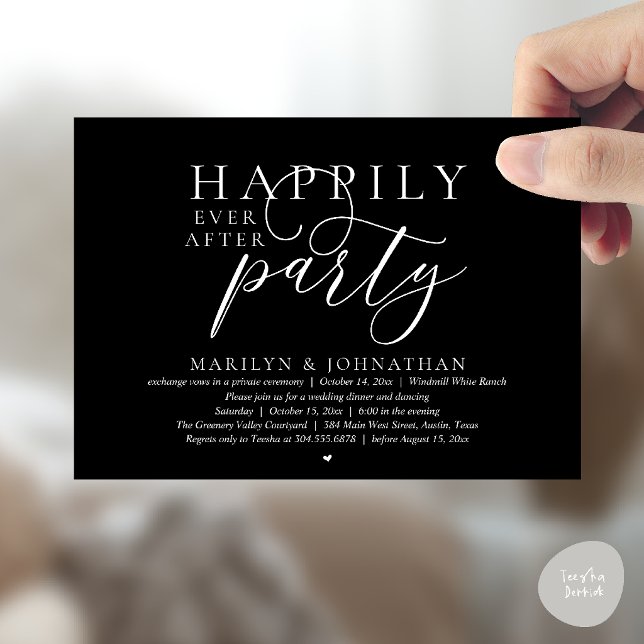 Invitation Fête de Mariage Moderne et Élégance Éternelle (Happily Ever After Party Modern Wedding Elopement Invitation Card in Classy Black)