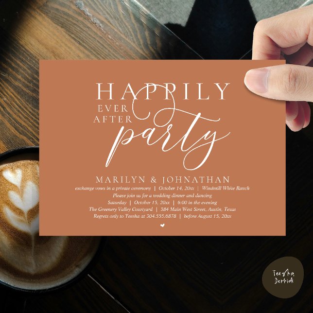 Invitation Fête de Mariage Moderne et Élégant après la Lune d (Happily Ever After Party Modern Classy Wedding Elopement Invitation Card in Terracotta Brown)