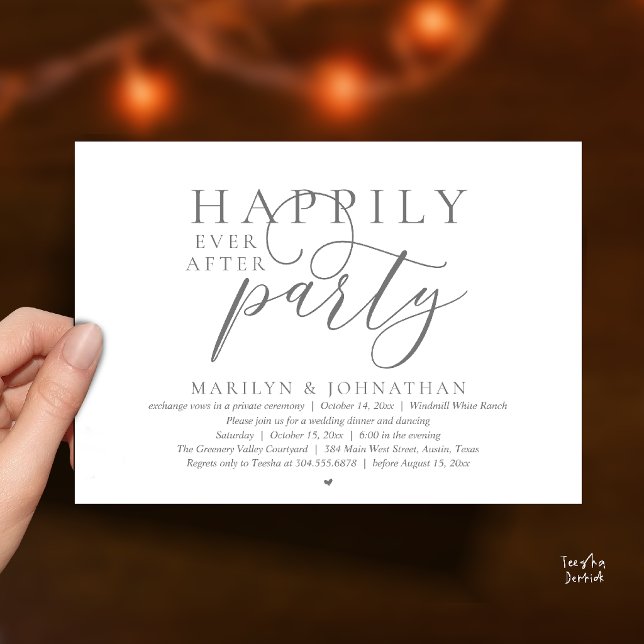 Invitation Fête de Mariage Moderne et Éternelle Fuite Amoureu (Happily Ever After Party Modern Classy Wedding Elopement Invitation card in dark grey)