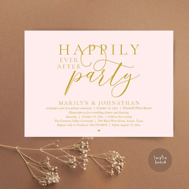 Invitation Fête de Mariage Moderne et Éternelle Fuite Amoureu (Happily Ever After Party Modern Classy Wedding Elopement Invitation Card in Blush Gold)