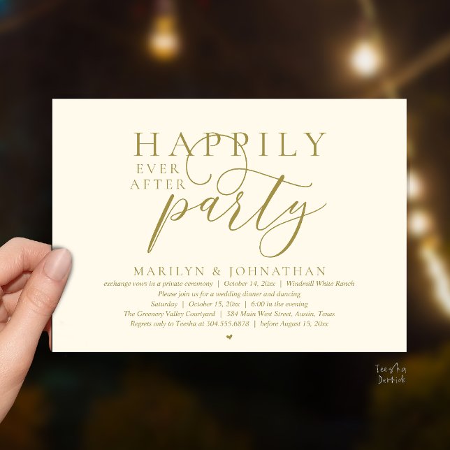 Invitation Fête de Mariage Moderne et Éternelle pour les Amou (Happily Ever After Party Modern Classy Wedding Elopement Invitation Card in Yellow Gold Cream)