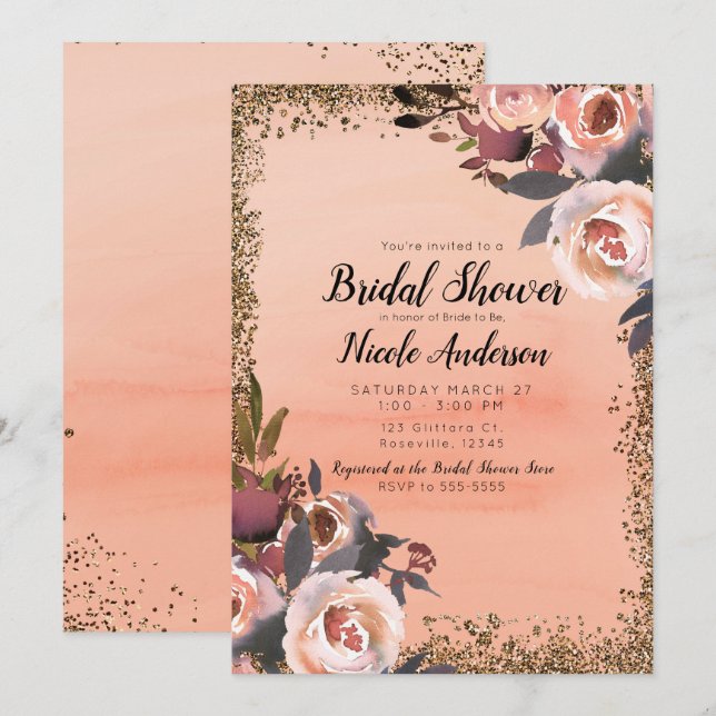 Invitation Fête de mariage moderne florale pailletée pêche et (Devant / Derrière)