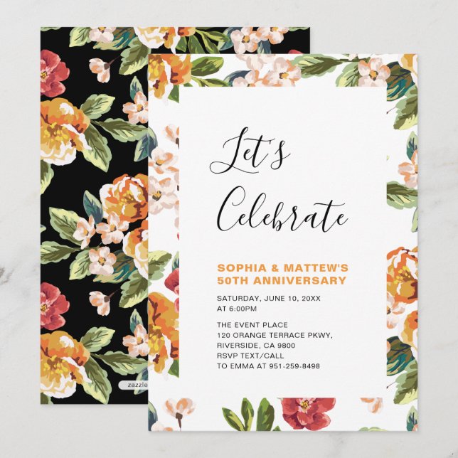 Invitation Fête de mariage moderne florale pour les 50 ans (Devant / Derrière)