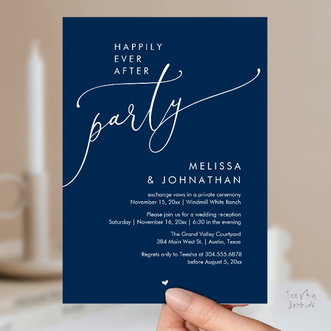 Invitation Fête de Mariage Moderne 'Joyeux Pour Toujours' Réc (Happily Ever After Party Modern Wedding Reception Invitation Card Dinner Brunch Lunch in Navy Blue)