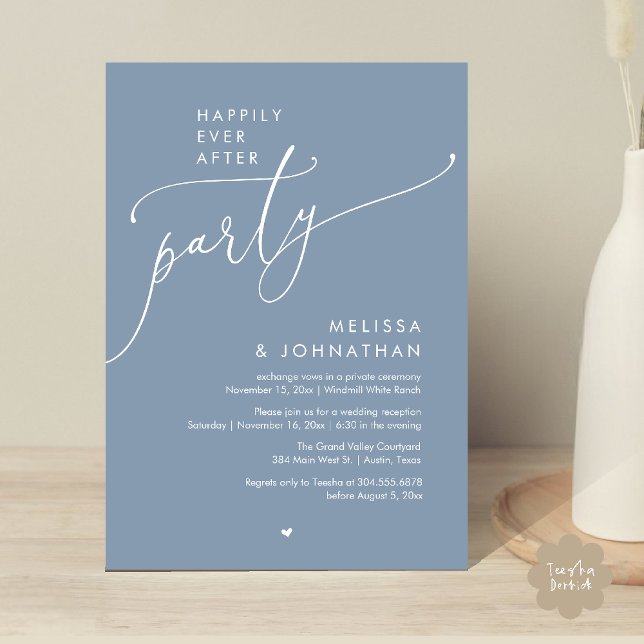 Invitation Fête de Mariage Moderne 'Joyeux Pour Toujours' Réc (Happily Ever After Party Modern Wedding Reception Invitation Card Dinner Brunch Lunch in Dusty Blue)