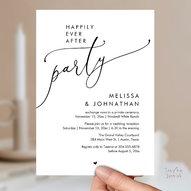 Invitation Fête de Mariage Moderne 'Joyeux Pour Toujours' Réc (Happily Ever After Party Modern Wedding Reception Invitation Card Dinner Brunch Lunch in Black White)