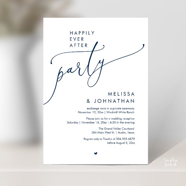 Invitation Fête de Mariage Moderne 'Joyeux Pour Toujours' Réc (Happily Ever After Party Modern Wedding Reception Invitation Card Dinner Brunch Lunch in Navy Blue)