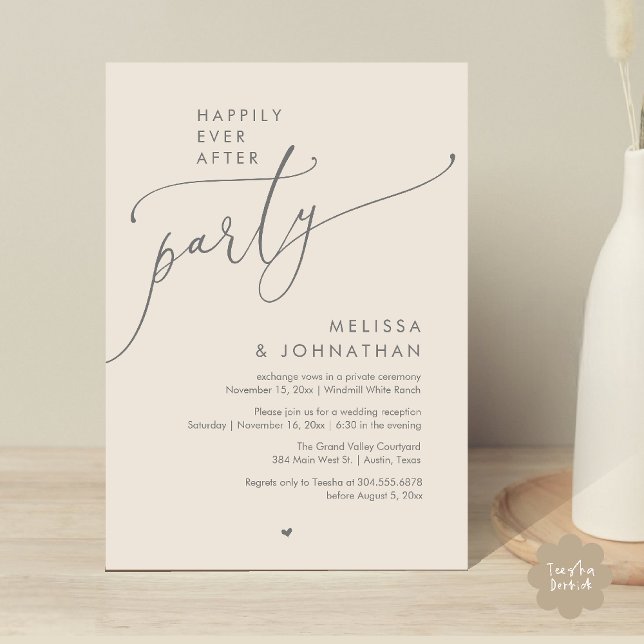 Invitation Fête de Mariage Moderne 'Joyeux Pour Toujours' Réc (Happily Ever After Party Modern Wedding Reception Invitation Card Dinner Brunch Lunch in Cream Grey)