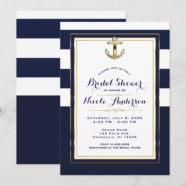 Invitation Fête de mariage naval avec ancre Blanc & Or de la  (Devant / Derrière)