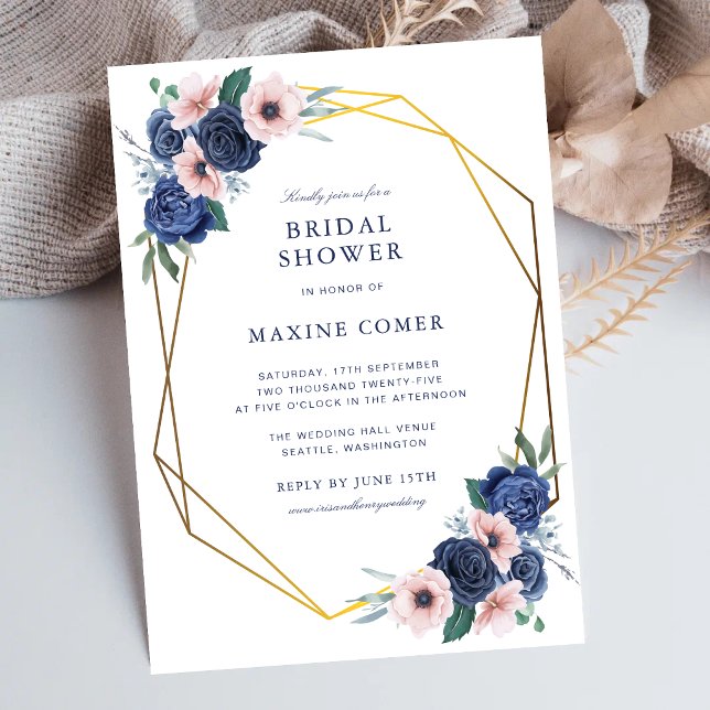 Invitation Fête de Mariage Navy Blue & Blush Floral (Navy blue and blush floral bridal shower invitation celebrates the bride with elegance.)