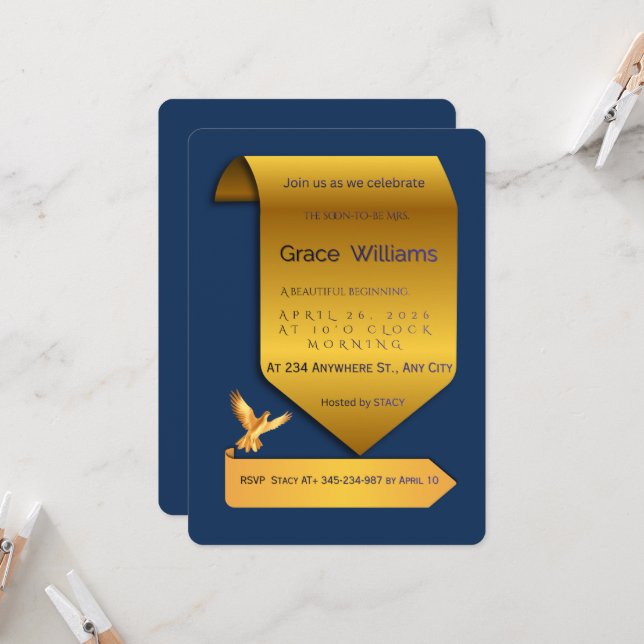 Invitation Fête de mariage Navy Blue et feuille d'or  (Devant/Arrière en situation)